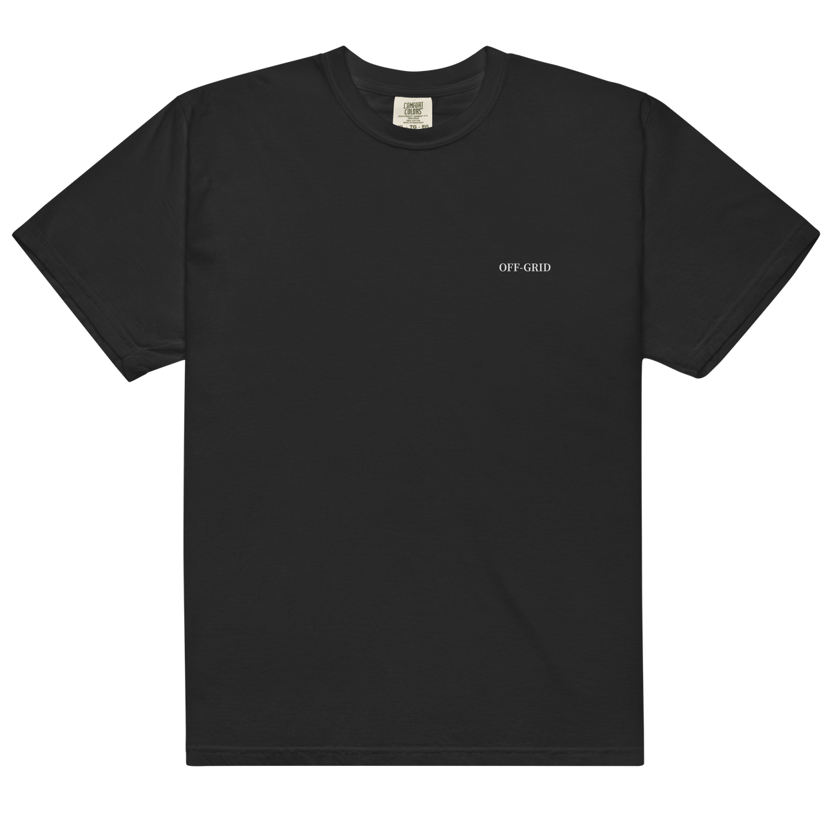 A black short-sleeve crewneck t-shirt with 'OFF-GRID' printed in small white text on the left chest, displayed flat against a solid white background.