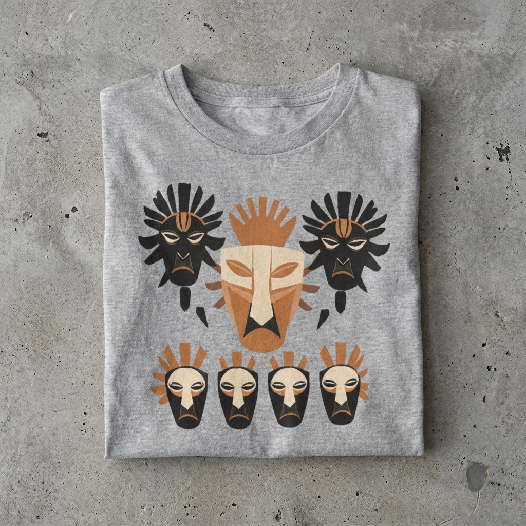 Front view of an athletic heather grey streetwear t-shirt featuring a striking geometric tribal mask graphic in terracotta, cream, and black.
