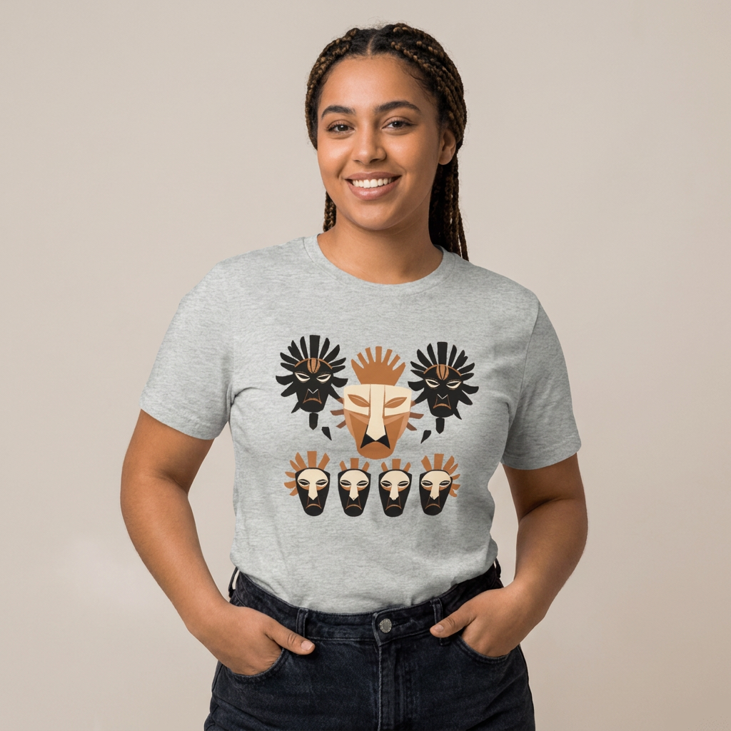 Front view of an athletic heather grey streetwear t-shirt featuring a striking geometric tribal mask graphic in terracotta, cream, and black.
