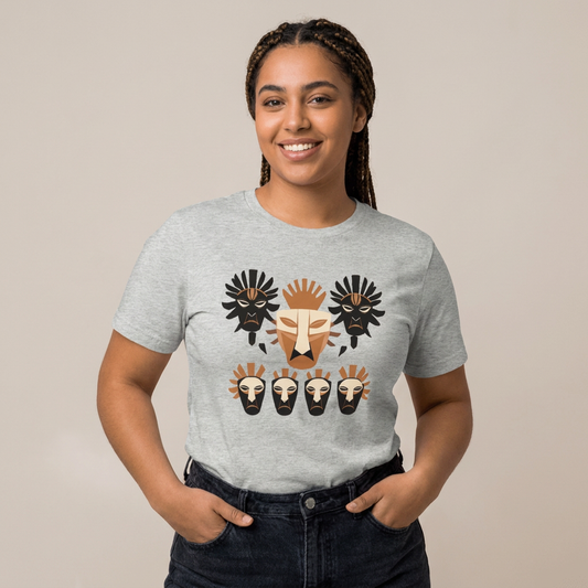 Front view of an athletic heather grey streetwear t-shirt featuring a striking geometric tribal mask graphic in terracotta, cream, and black.