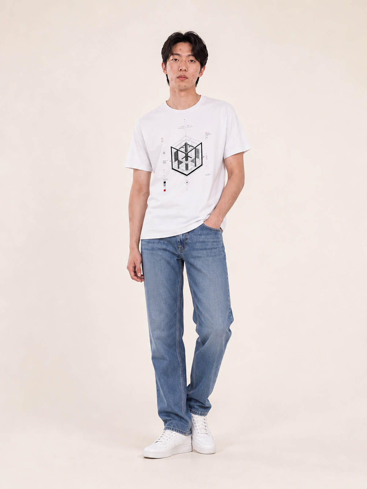 A male model wearing a white crew neck t-shirt featuring a centered black-and-grey geometric architectural blueprint graphic, paired with white trousers against a neutral background.