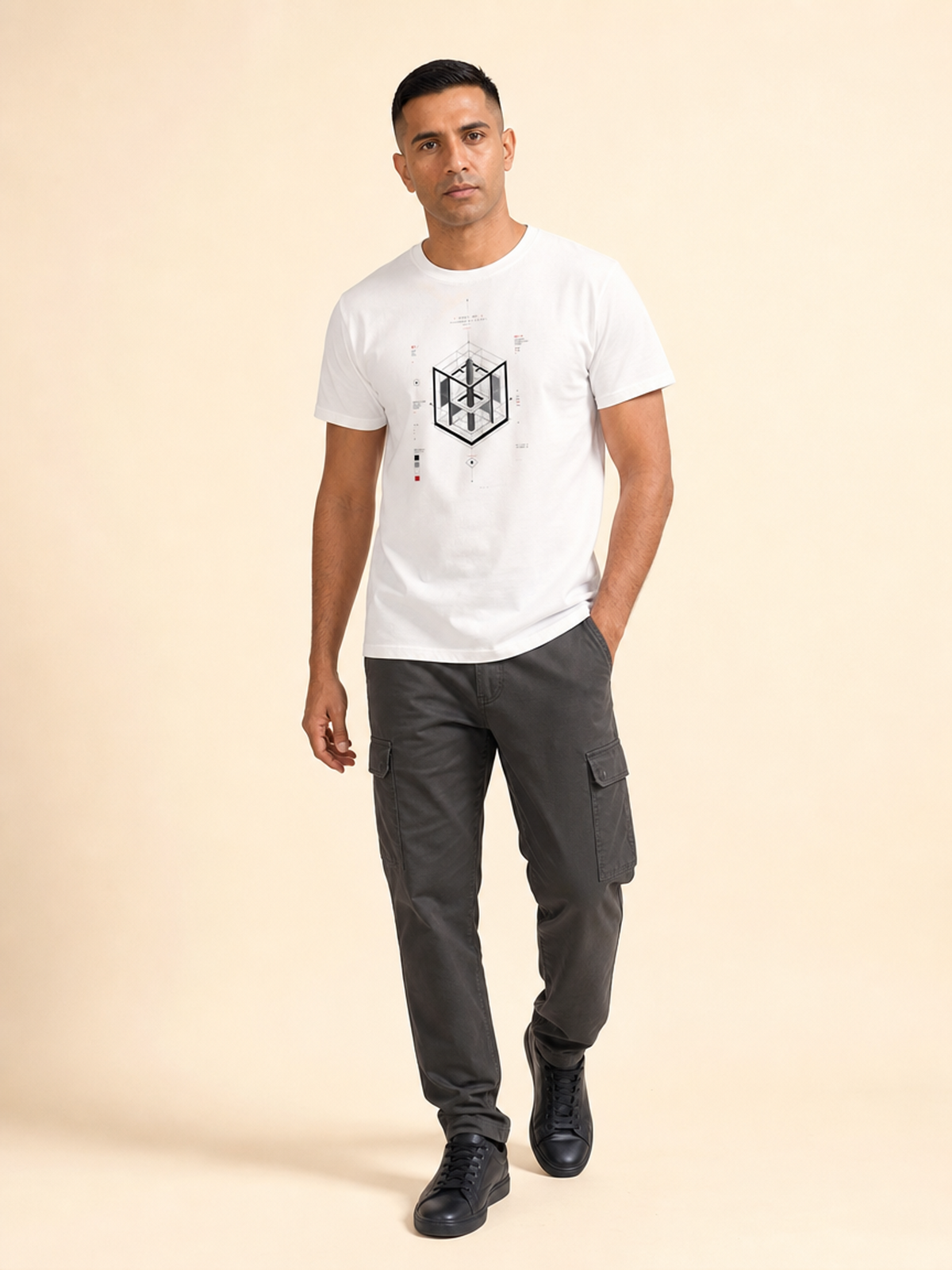 A male model wearing a white crew neck t-shirt featuring a centered black-and-grey geometric architectural blueprint graphic, paired with white trousers against a neutral background.