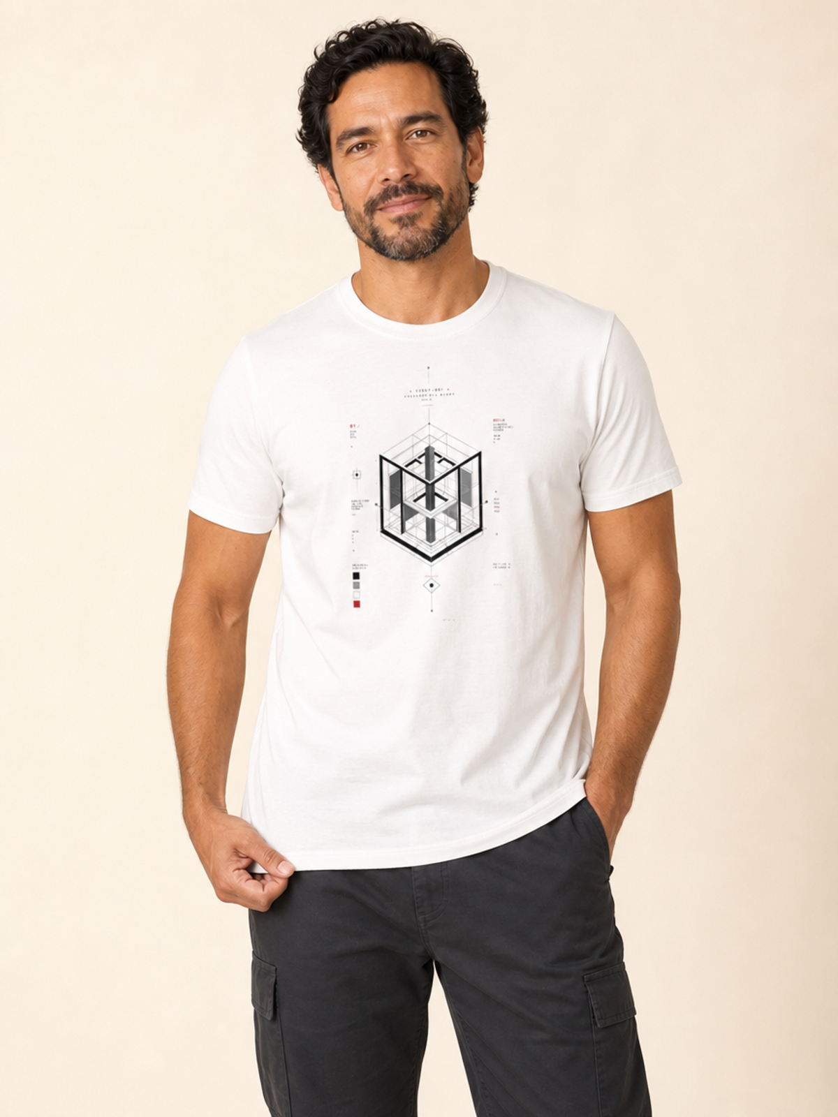 A male model wearing a white crew neck t-shirt featuring a centered black-and-grey geometric architectural blueprint graphic, paired with white trousers against a neutral background.