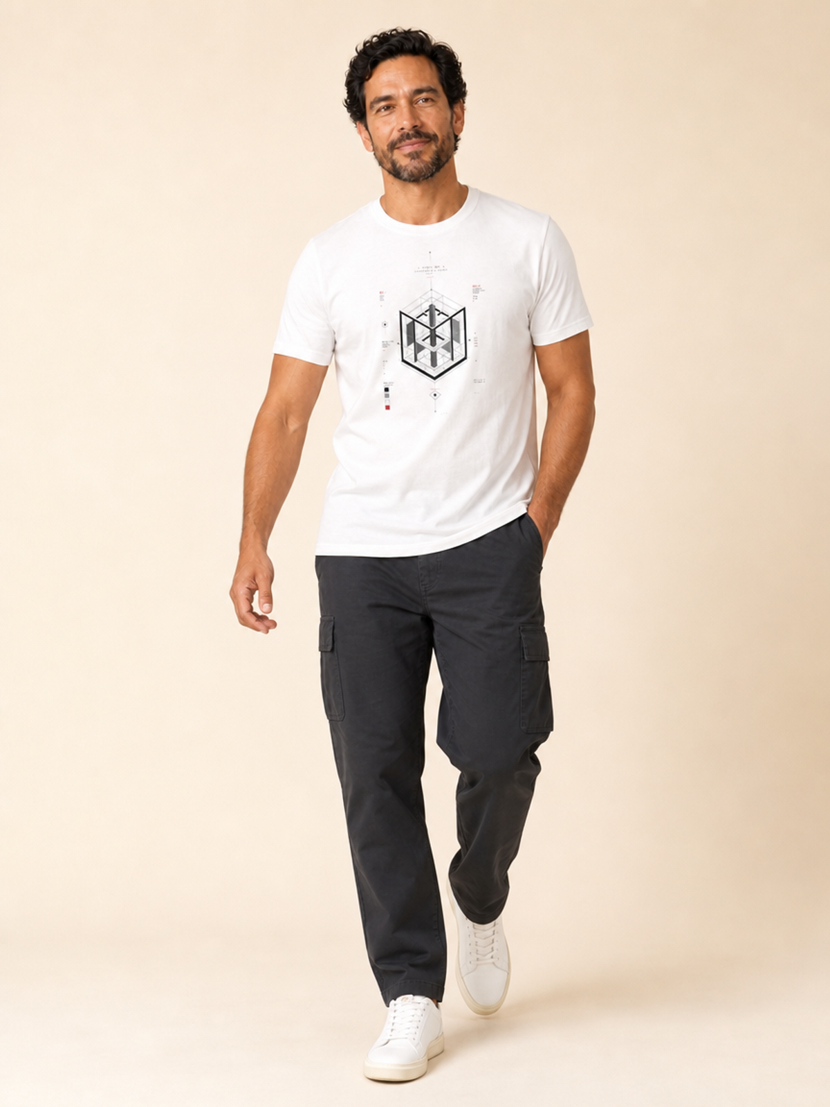 A male model wearing a white crew neck t-shirt featuring a centered black-and-grey geometric architectural blueprint graphic, paired with white trousers against a neutral background.