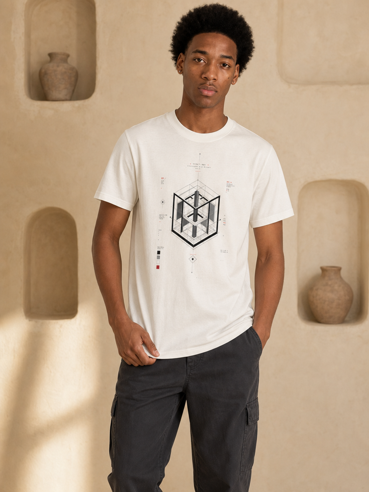 A male model wearing a white crew neck t-shirt featuring a centered black-and-grey geometric architectural blueprint graphic, paired with white trousers against a neutral background.