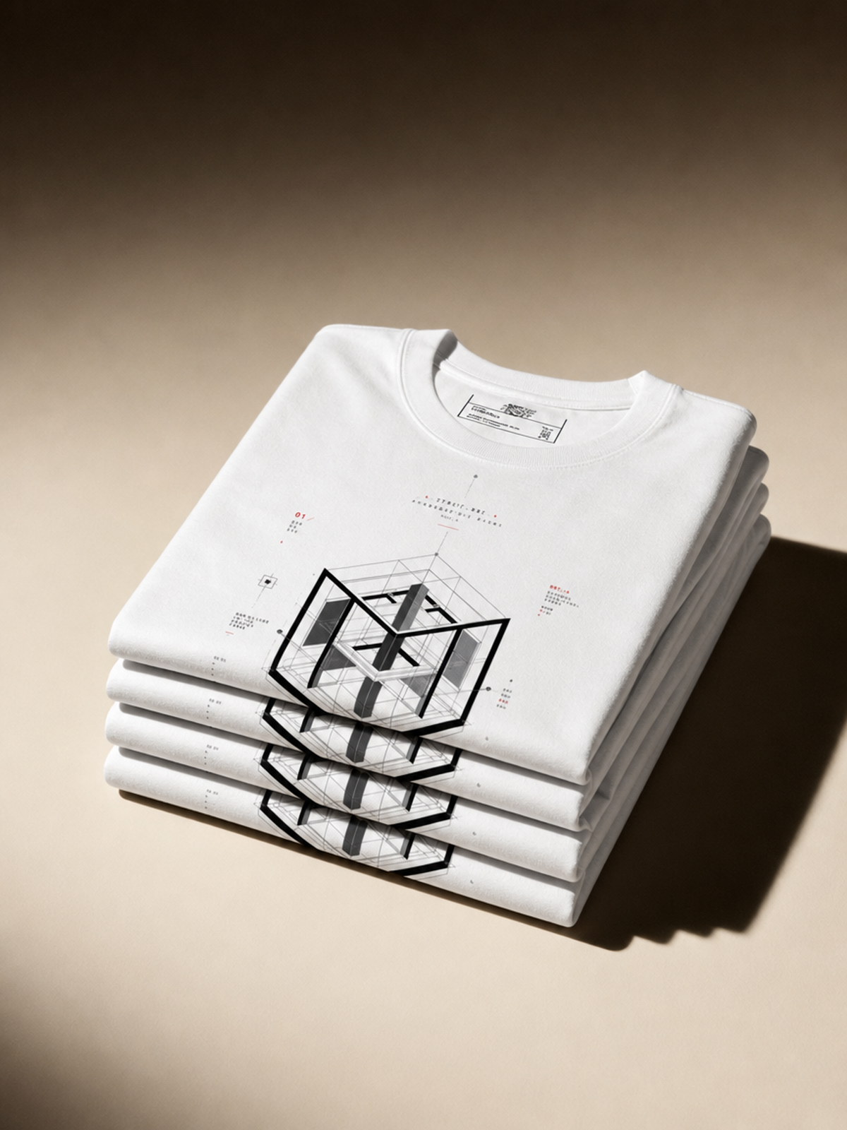 A stack of folded white T-shirts on a warm beige studio background, featuring a black geometric line-art graphic and small red text printed on the front.