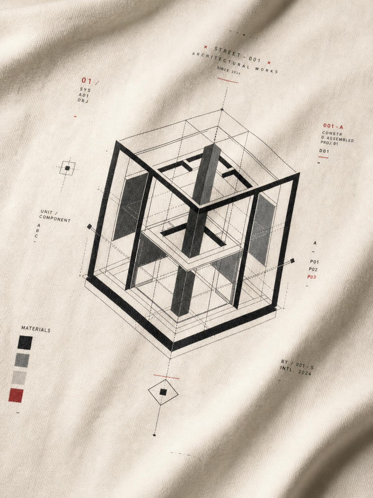 A beige fabric surface printed with an architectural-style technical drawing of a transparent cube structure, surrounded by measurement-like labels and a small materials color swatch in the lower left.