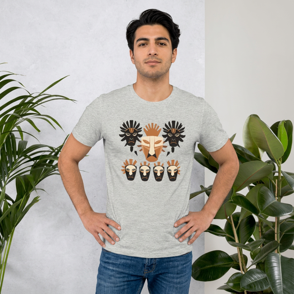 Front view of an athletic heather grey streetwear t-shirt featuring a striking geometric tribal mask graphic in terracotta, cream, and black.