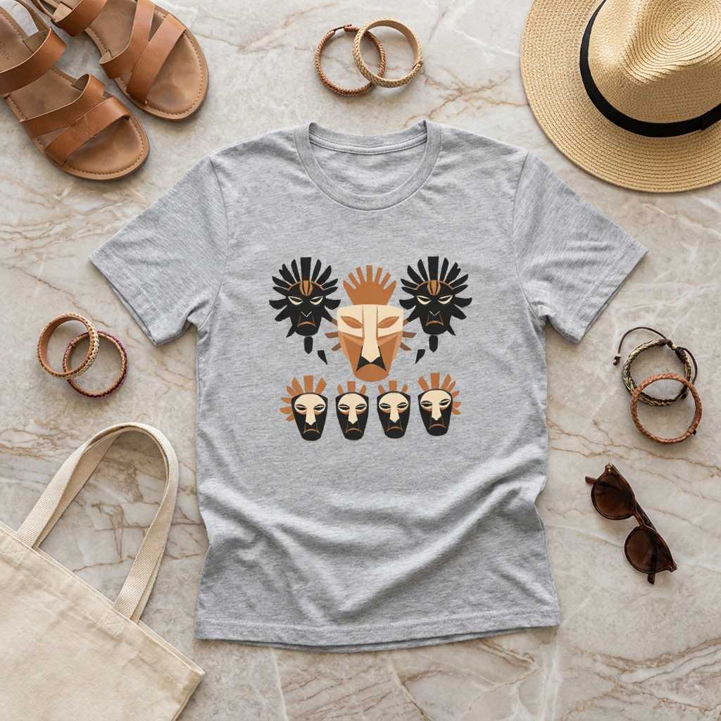 Front view of an athletic heather grey streetwear t-shirt featuring a striking geometric tribal mask graphic in terracotta, cream, and black.