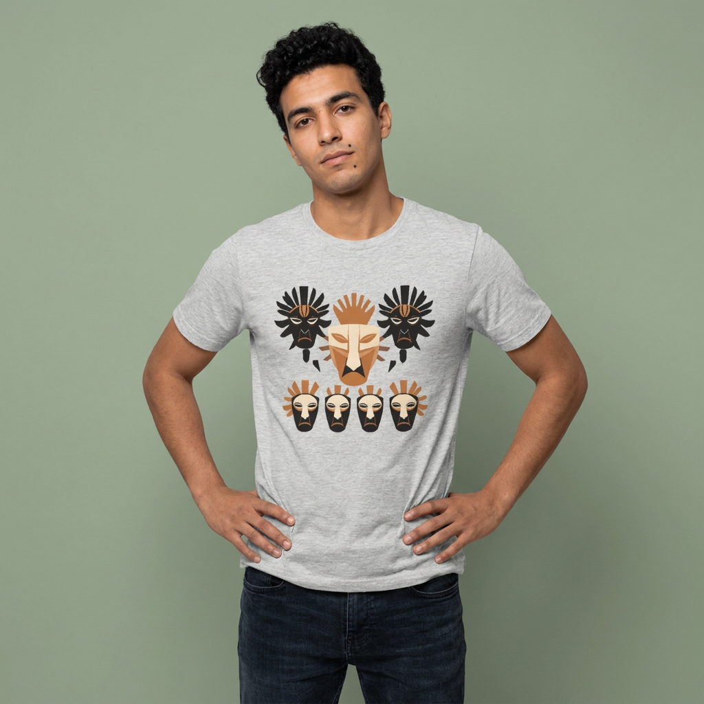 Front view of an athletic heather grey streetwear t-shirt featuring a striking geometric tribal mask graphic in terracotta, cream, and black.