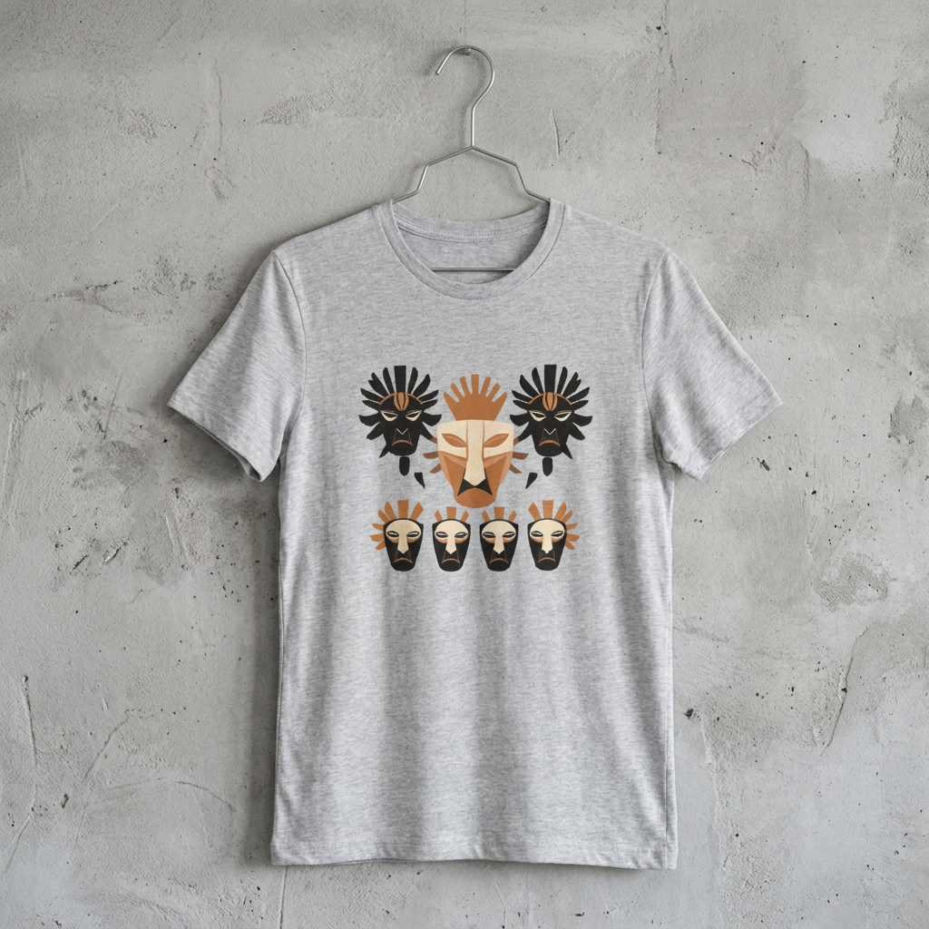 Front view of an athletic heather grey streetwear t-shirt featuring a striking geometric tribal mask graphic in terracotta, cream, and black.