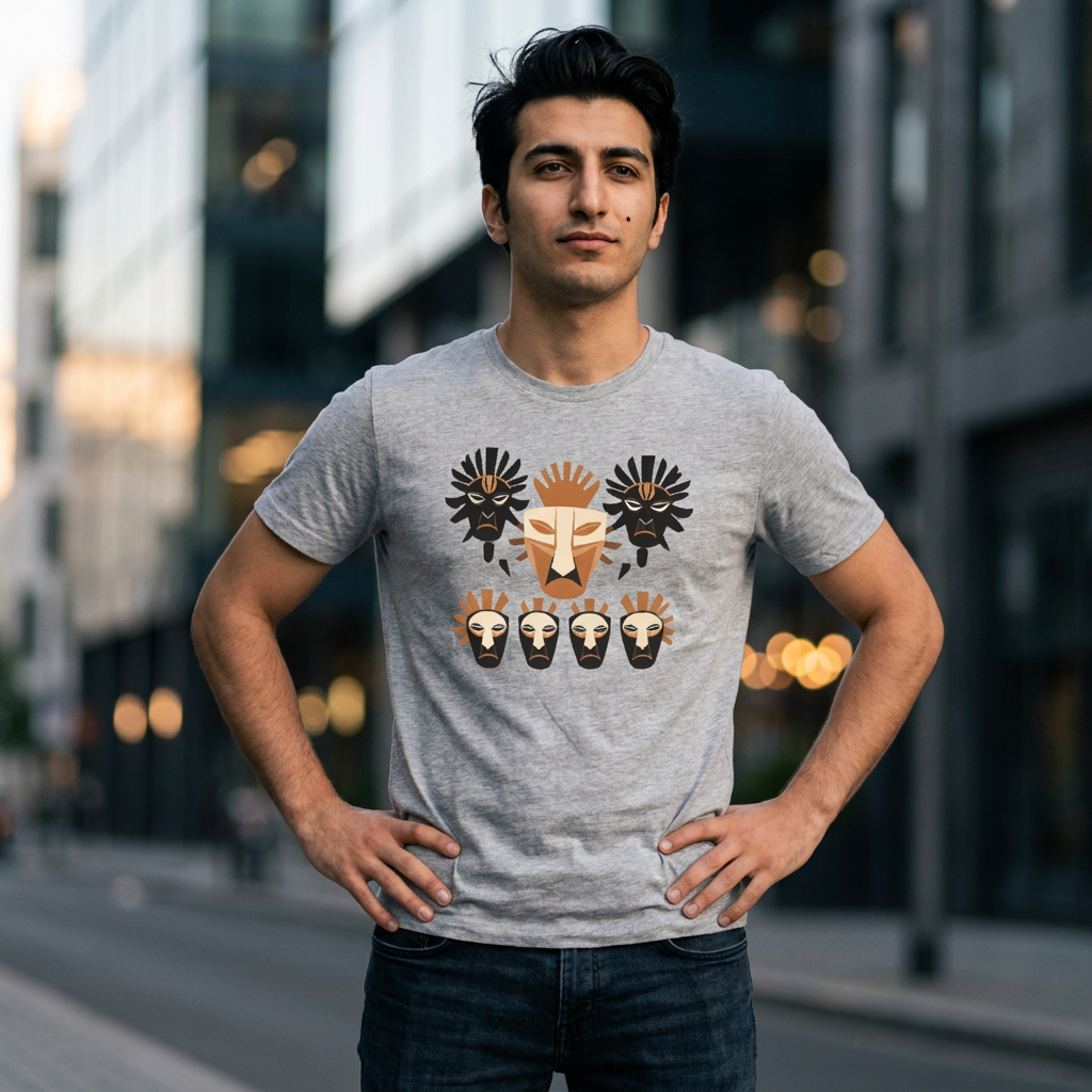 Front view of an athletic heather grey streetwear t-shirt featuring a striking geometric tribal mask graphic in terracotta, cream, and black.
