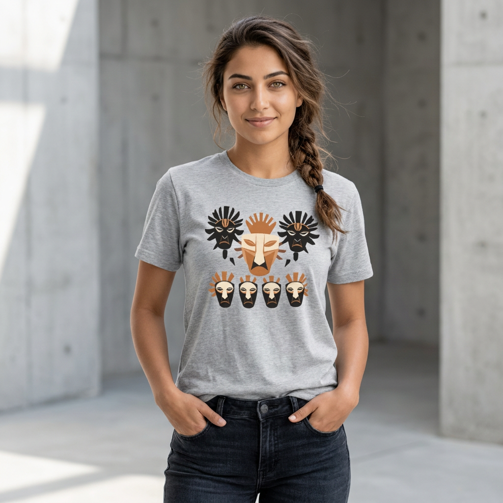 Front view of an athletic heather grey streetwear t-shirt featuring a striking geometric tribal mask graphic in terracotta, cream, and black.