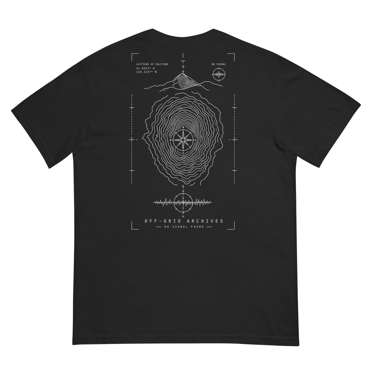 A black short-sleeve t-shirt shown from the back, featuring a white technical blueprint-style graphic with concentric circles, a mountain peak, and the text 'OFF-GRID ARCHIVES' and 'AN ENEMY ABOVE'.