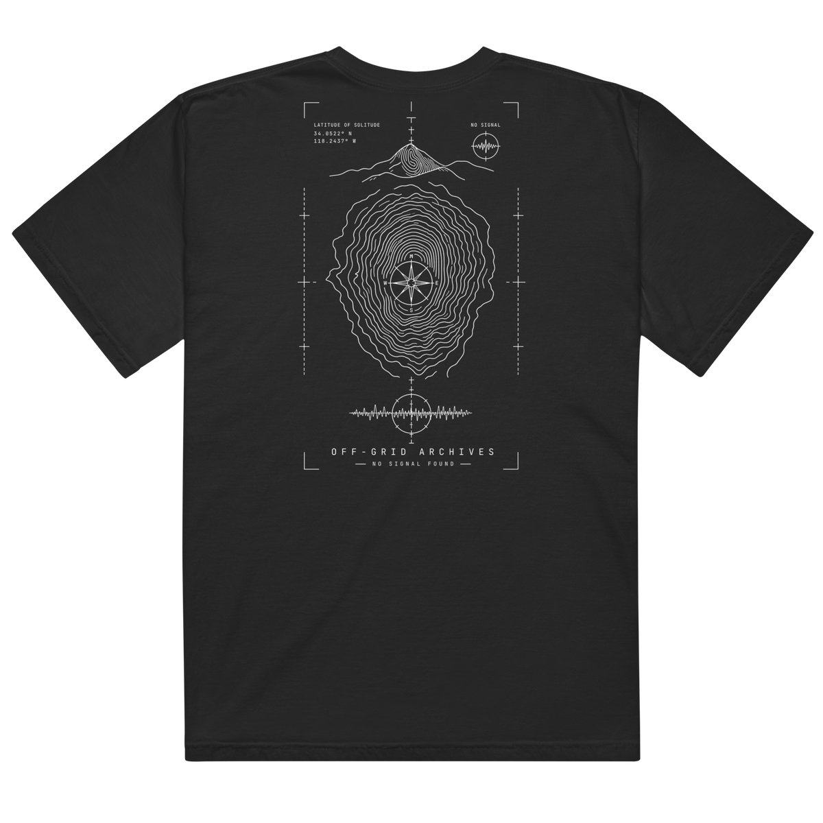 A black short-sleeve t-shirt shown from the back, featuring a white line-art graphic of a radar or sonar wave pattern with a mountain and compass rose, and the text 'OFF-GRID ARCHIVES' and 'NO SEEMING END' printed below.