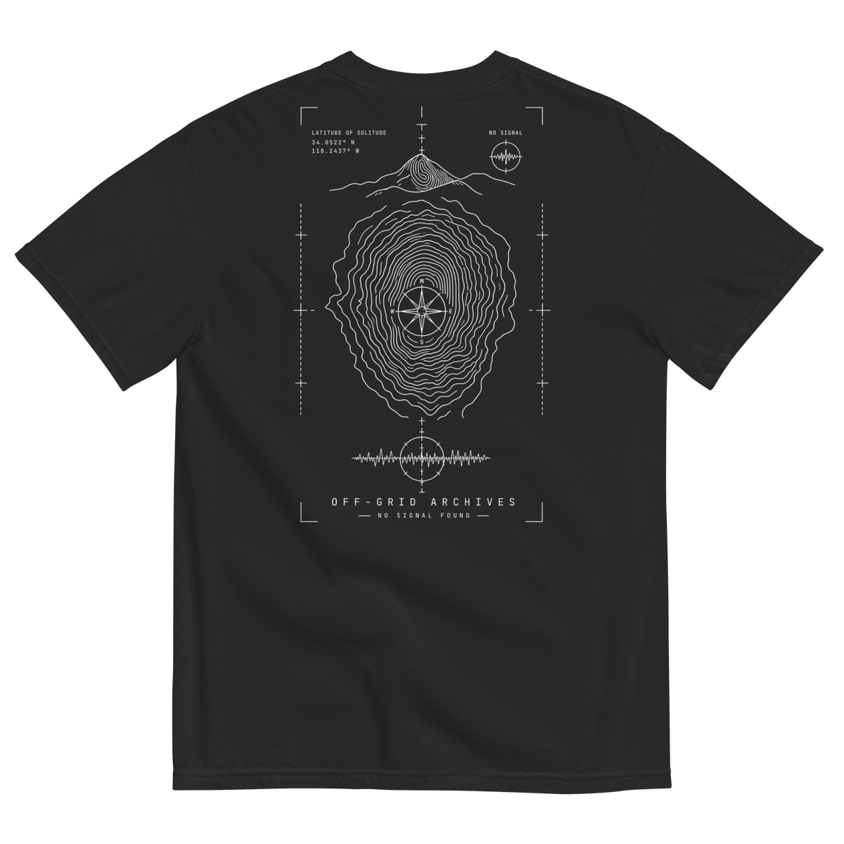 A black short-sleeve t-shirt shown from the back, featuring a white technical blueprint-style graphic with concentric topographic lines, a mountain profile, compass elements, and the text 'OFF-GRID ARCHIVES' and 'THE ARCHIVES - PORTLAND OR'.