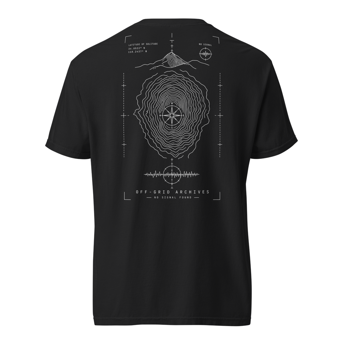 A black short-sleeve t-shirt shown from the back, featuring a white technical blueprint-style graphic with a mountain, compass, concentric contour lines, and the text 'OFF-GRID ARCHIVES' and 'MY ETERNAL HOME' on a plain white background.