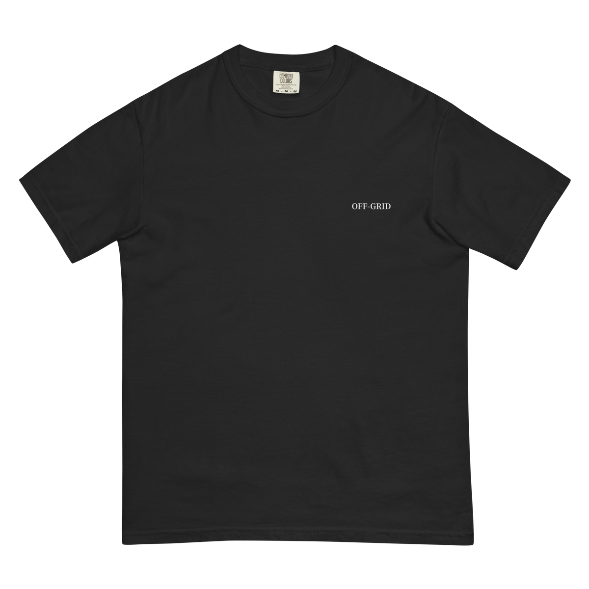 Black t-shirt with a small graphic and text "OFF-GRID" on a white background