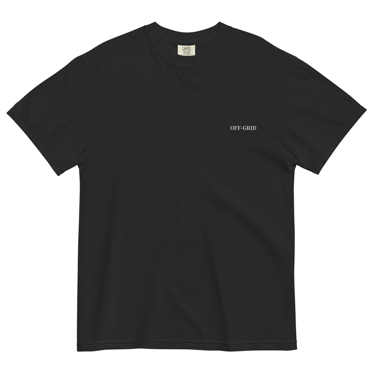 A black short-sleeve crewneck t-shirt with 'OFF-GRID' printed in small white serif text on the left chest, displayed flat against a solid white background.