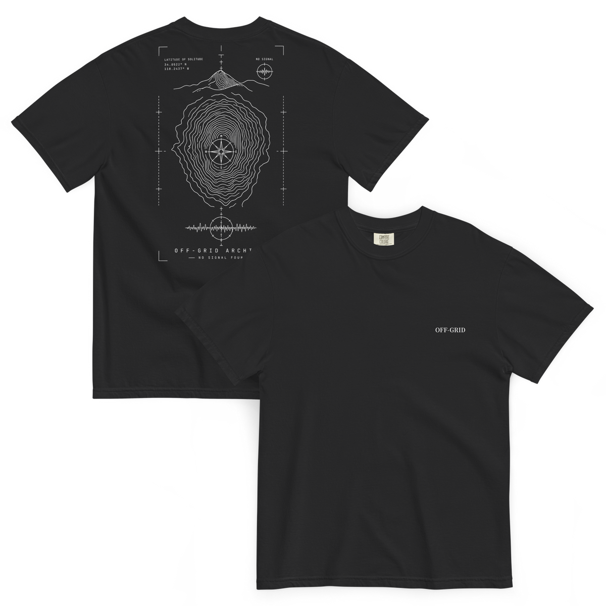 Two black short-sleeve T-shirts shown on a white background, with the back view on the left featuring a large white topographic-style graphic and the front view on the right featuring a small white 'OFF-CIOT' logo on the left chest.