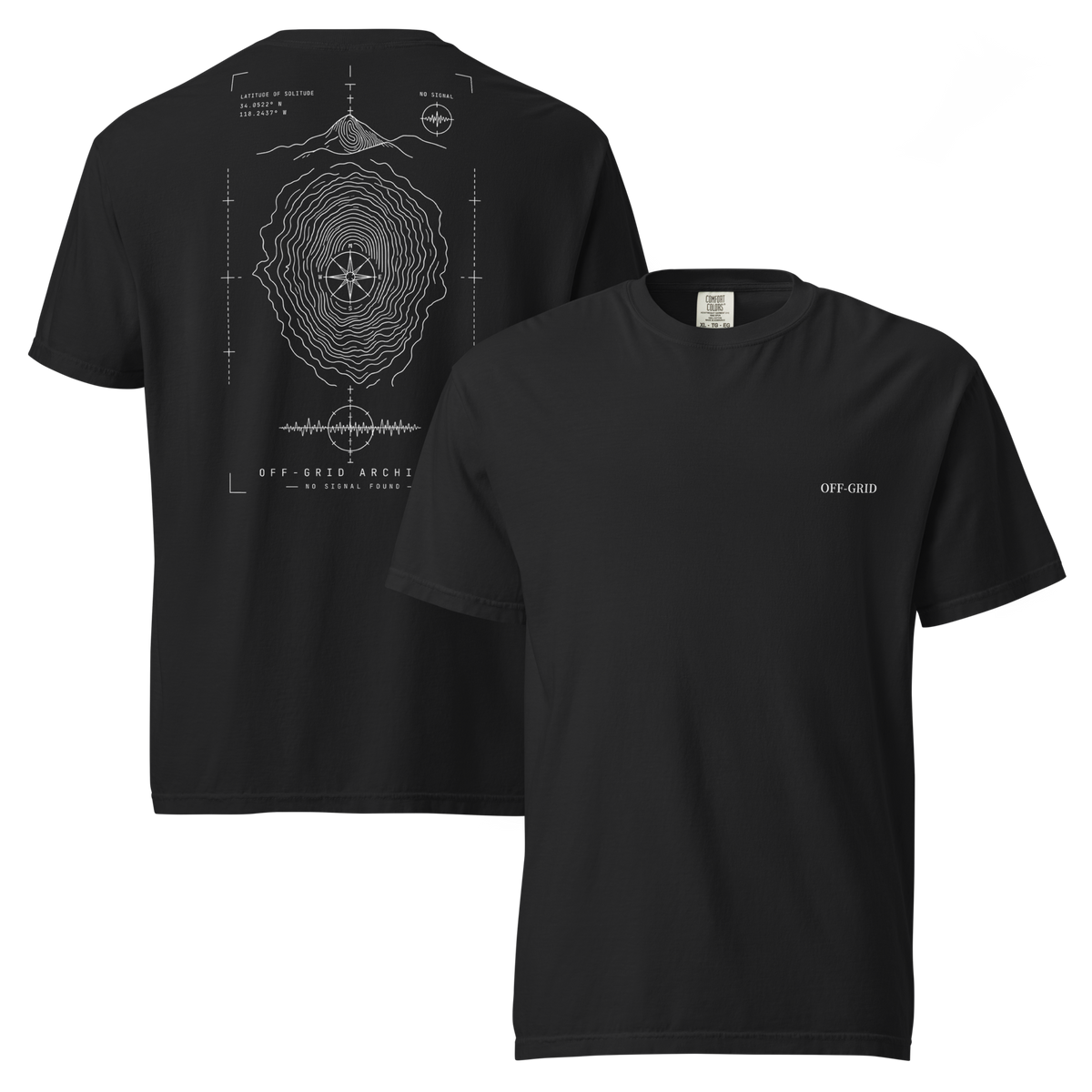 Two black short-sleeve t-shirts shown on a white background, with the back view on the left and the front view on the right. The back has a large white technical-style graphic with a compass, concentric lines, and text reading 'OFF-GRID ARCHI'.