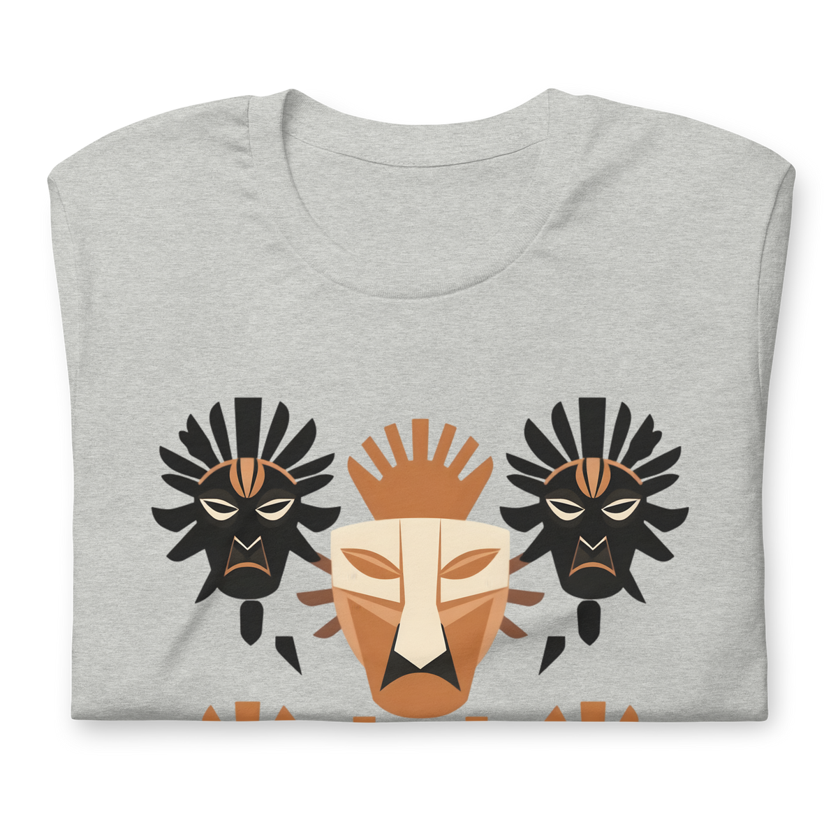 Front view of an athletic heather grey streetwear t-shirt featuring a striking geometric tribal mask graphic in terracotta, cream, and black.