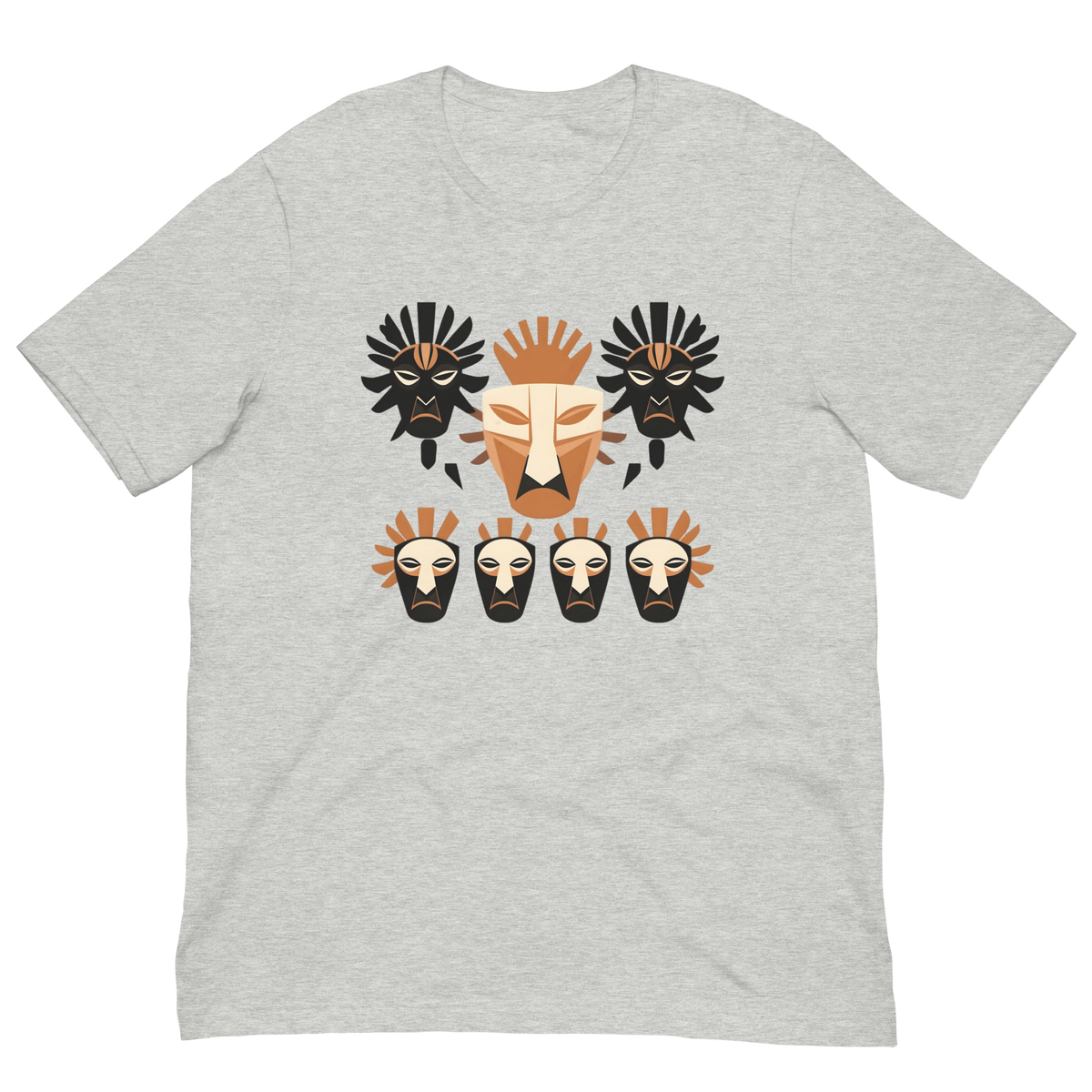 Front view of an athletic heather grey streetwear t-shirt featuring a striking geometric tribal mask graphic in terracotta, cream, and black.