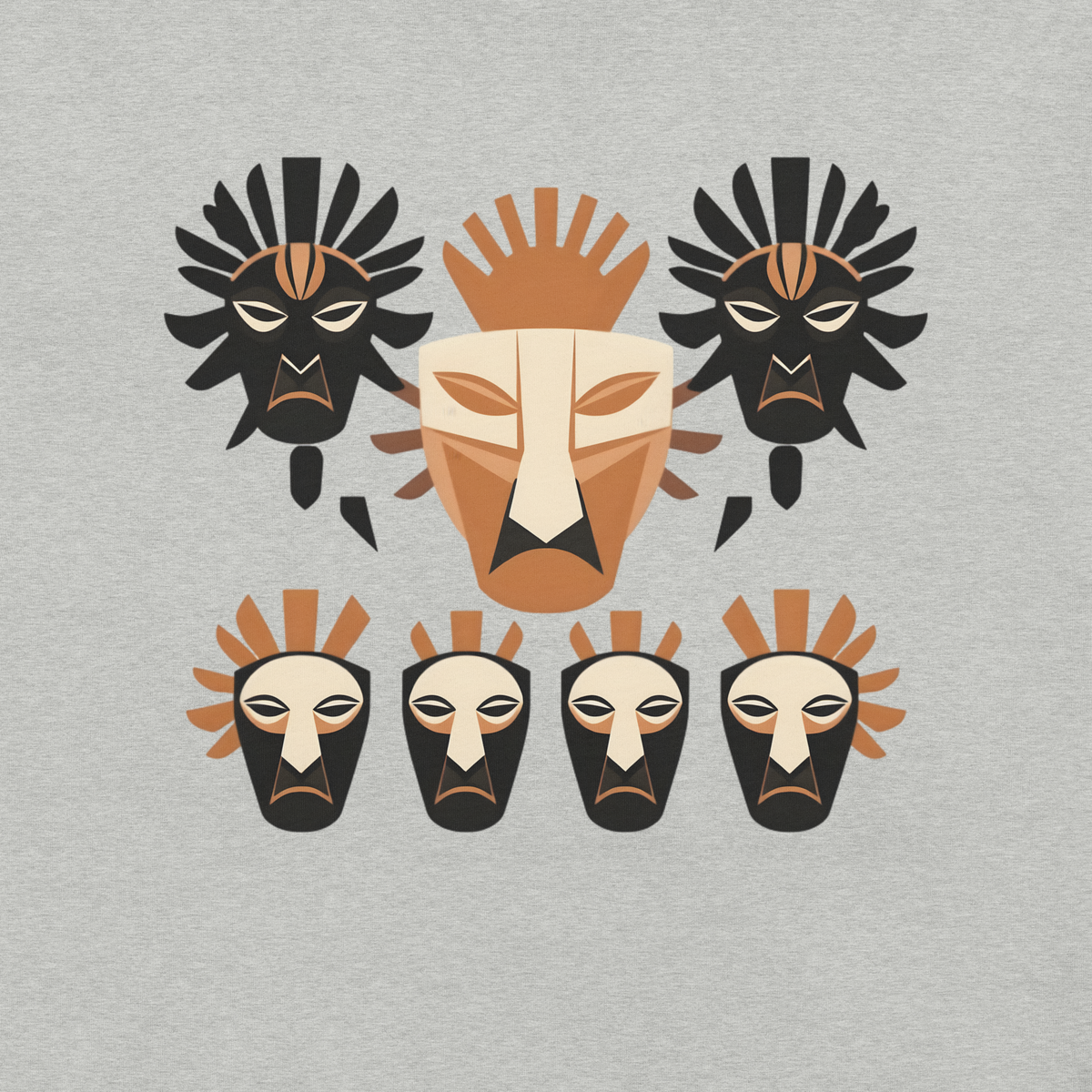 Front view of an athletic heather grey streetwear t-shirt featuring a striking geometric tribal mask graphic in terracotta, cream, and black.