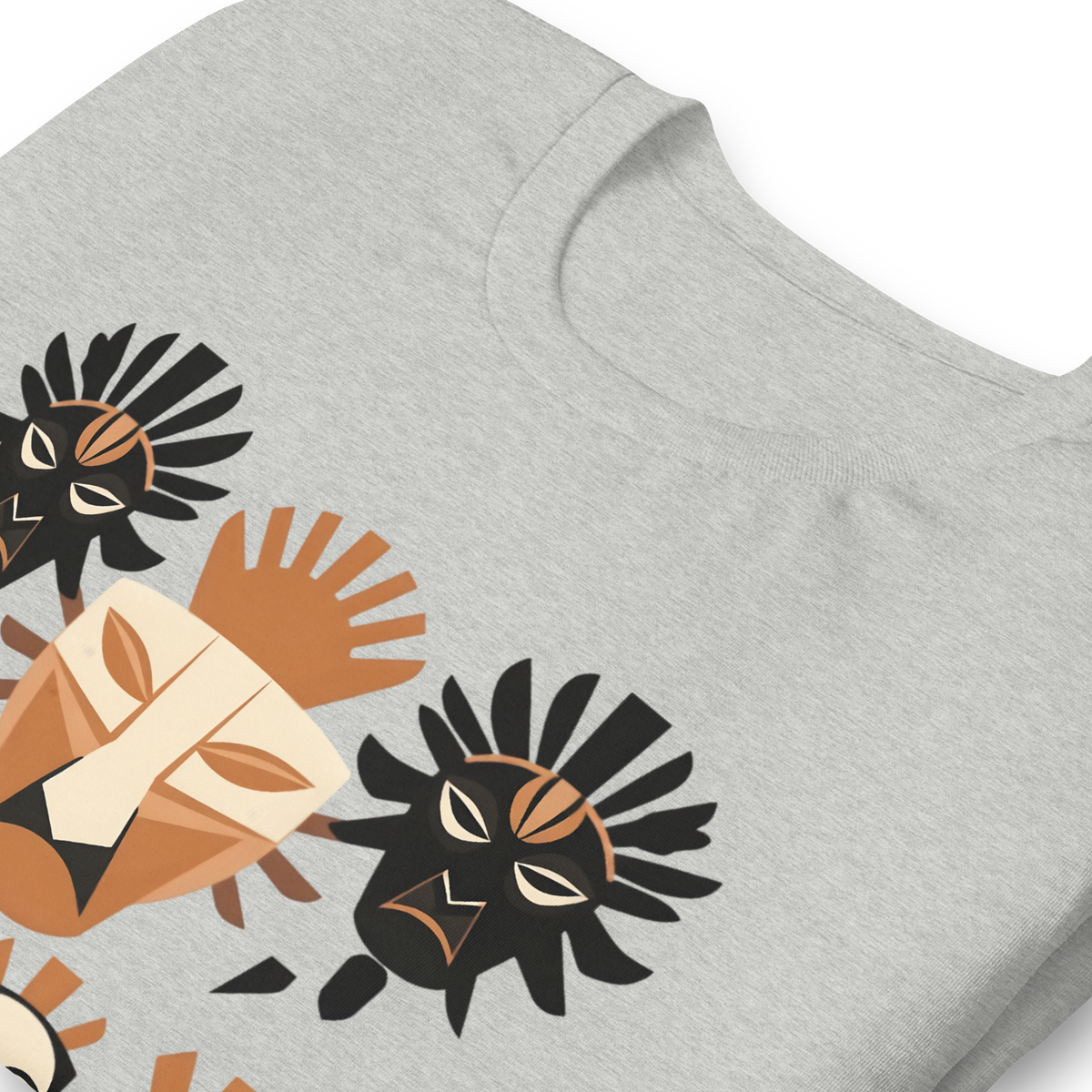 Front view of an athletic heather grey streetwear t-shirt featuring a striking geometric tribal mask graphic in terracotta, cream, and black.