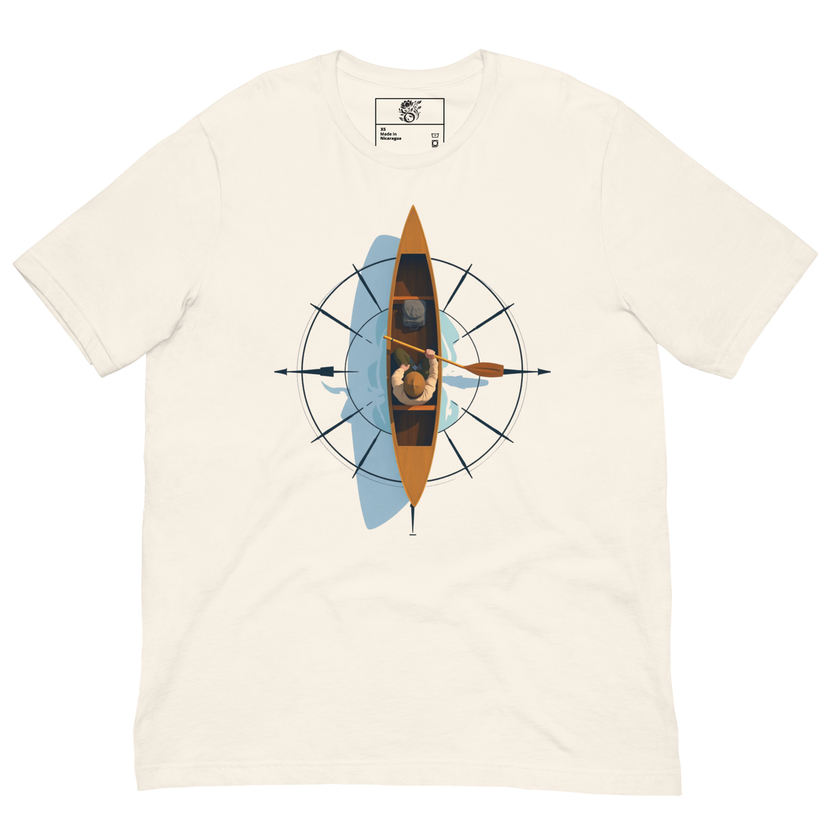 An off-white short-sleeve crewneck t-shirt featuring a central graphic of a top-down view of a person kayaking in a canoe, overlaid with a blue compass design.