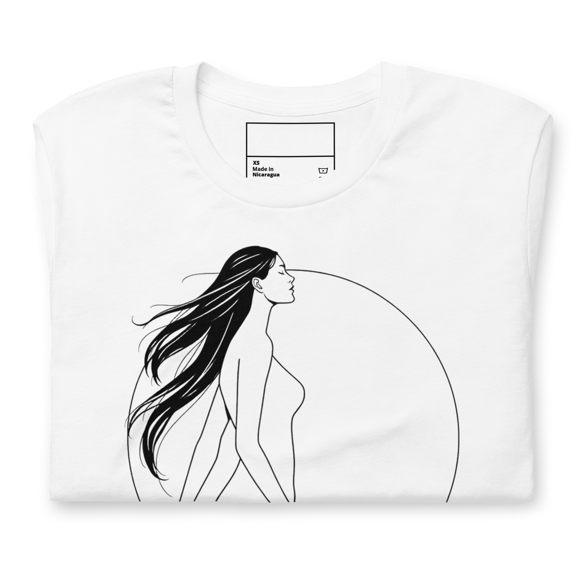 A folded white short-sleeve t-shirt with a minimalist black line art graphic of a woman with long flowing hair, displayed on a clean white background.
