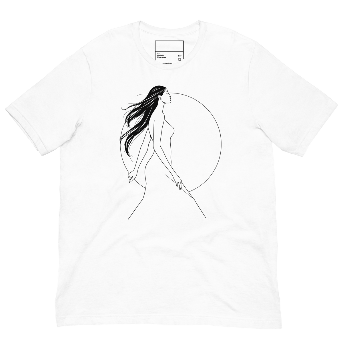 A white short-sleeve crewneck t-shirt featuring a minimalist black line art graphic of a woman with long flowing hair walking in front of a large circle.