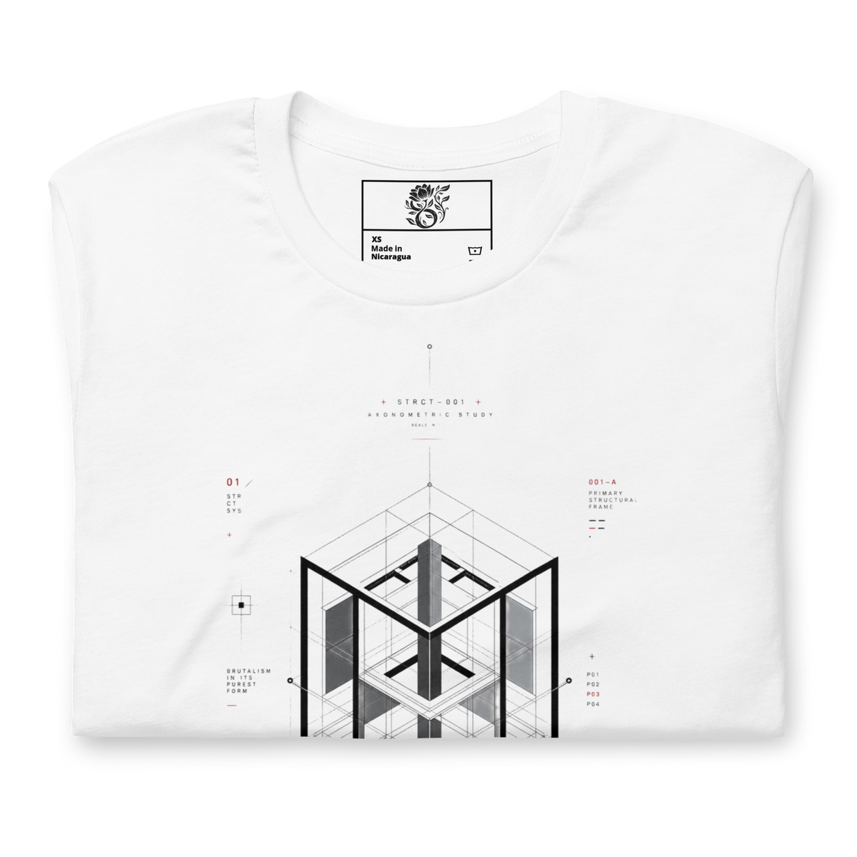 A folded white crewneck t-shirt with a technical architectural blueprint-style graphic printed on the front, featuring black geometric lines, red text labels, and a small black-and-white logo inside the collar.