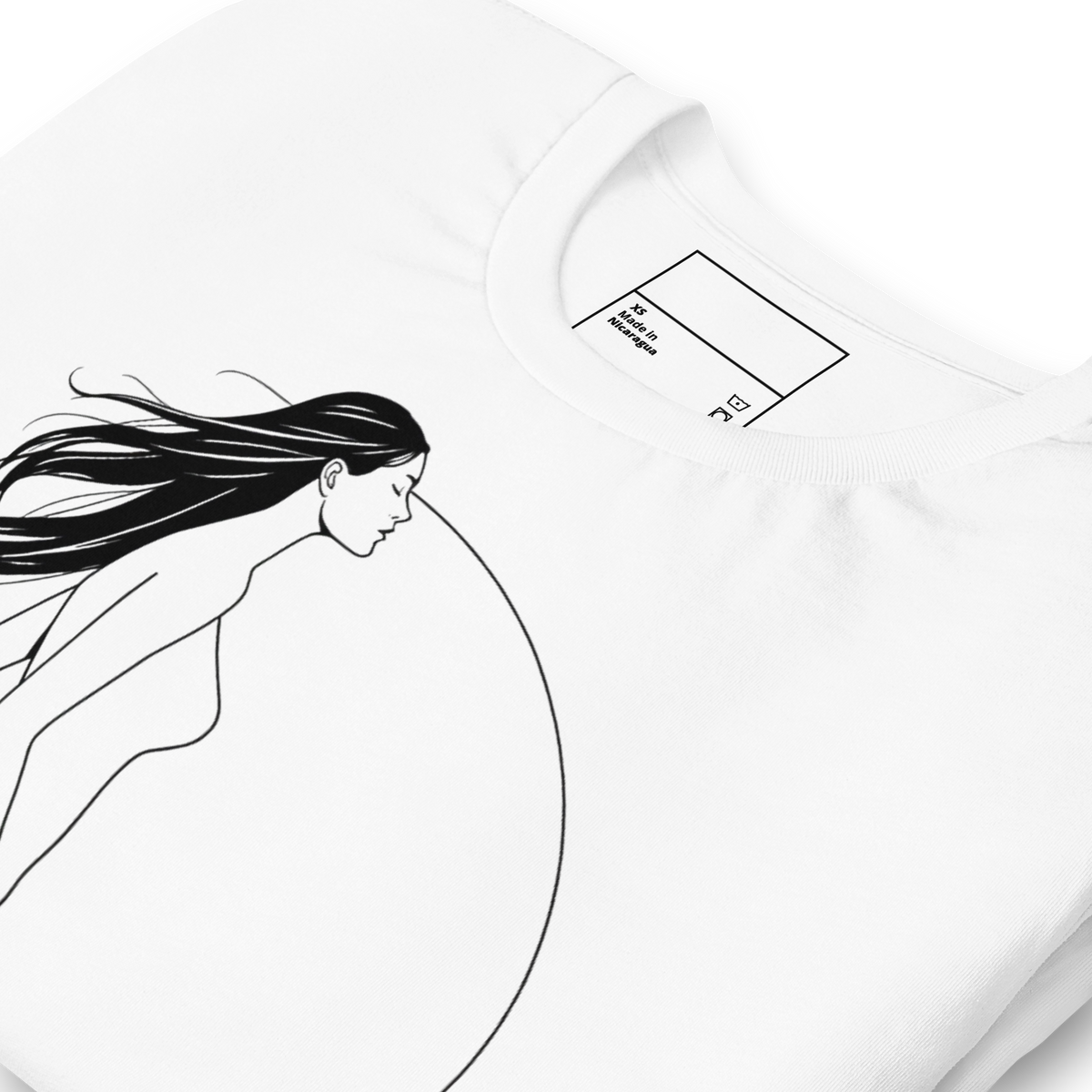 A close-up of a white crewneck t-shirt featuring a minimalist black line art illustration of a woman with flowing hair. The inner neck label shows the brand 'My Art Room' and the size 'S'.