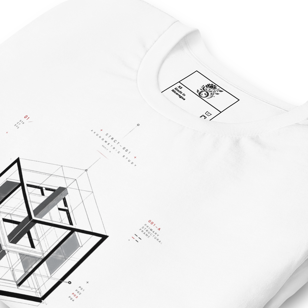 A close-up of a white crewneck t-shirt featuring a detailed architectural graphic print with black geometric structures and red text annotations. The inner neck label displays the brand 'The Architectural Book'.