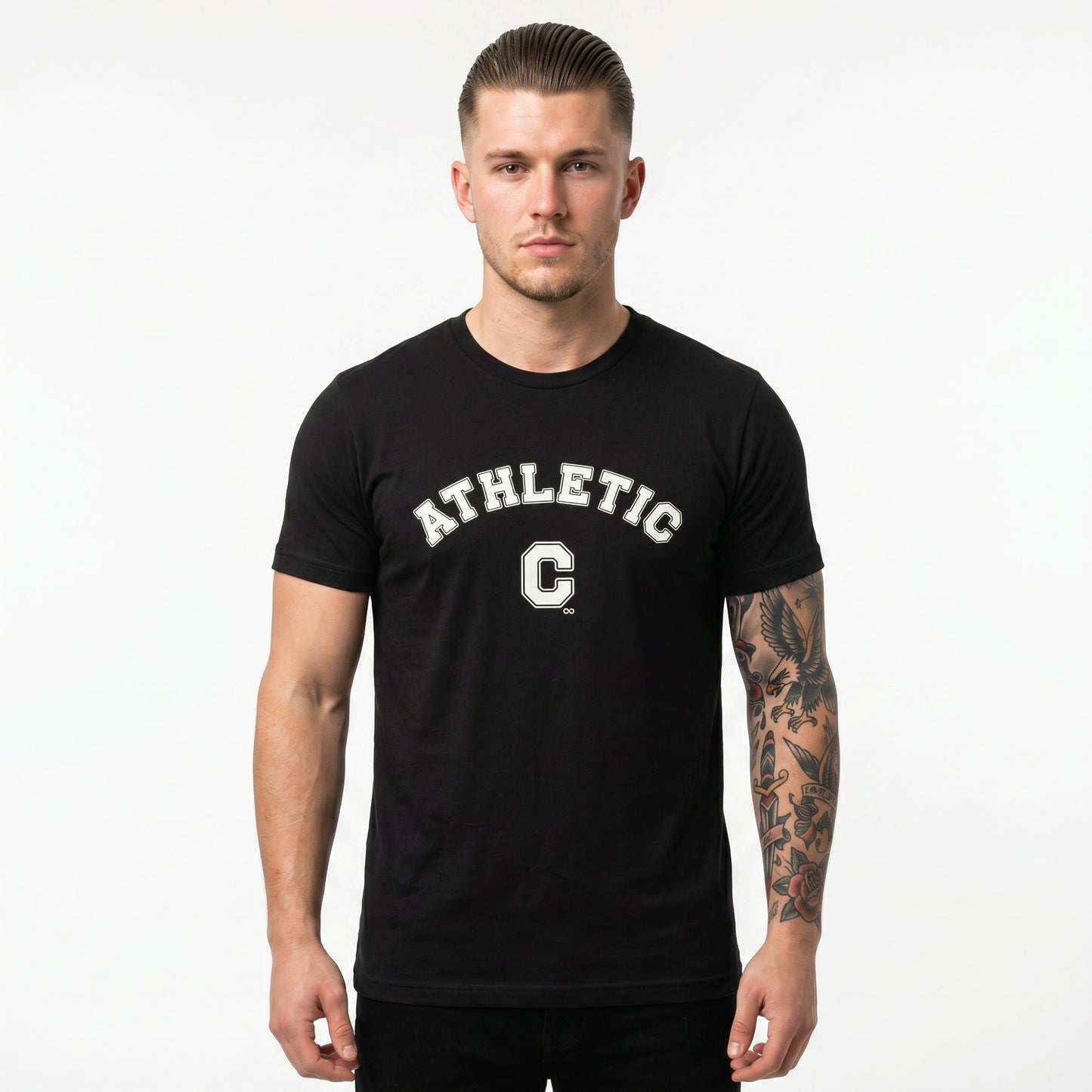 Front view of a black unisex eco-friendly t-shirt featuring a white vintage varsity-style 'Athletic C' graphic design.