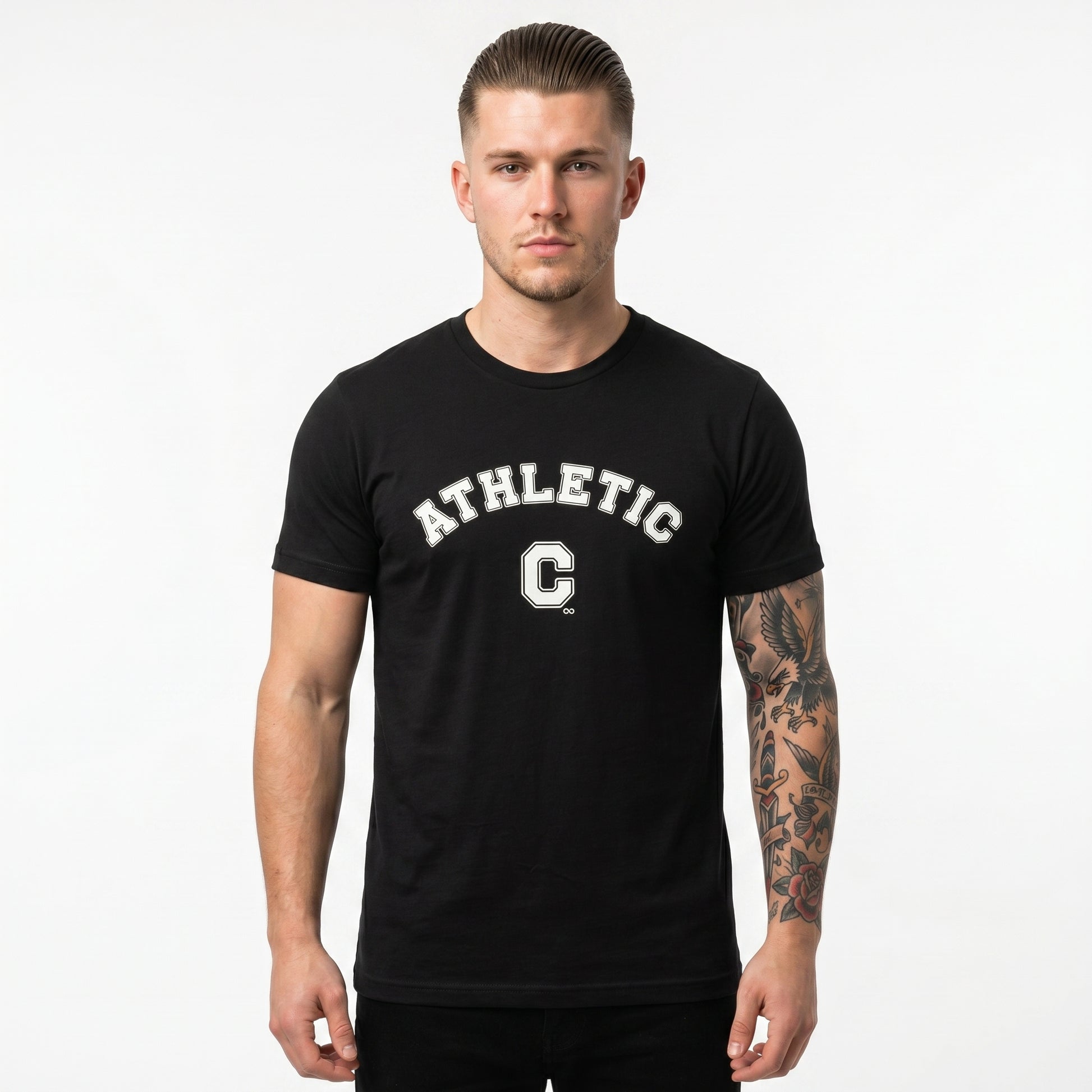 Front view of a black unisex eco-friendly t-shirt featuring a white vintage varsity-style 'Athletic C' graphic design.