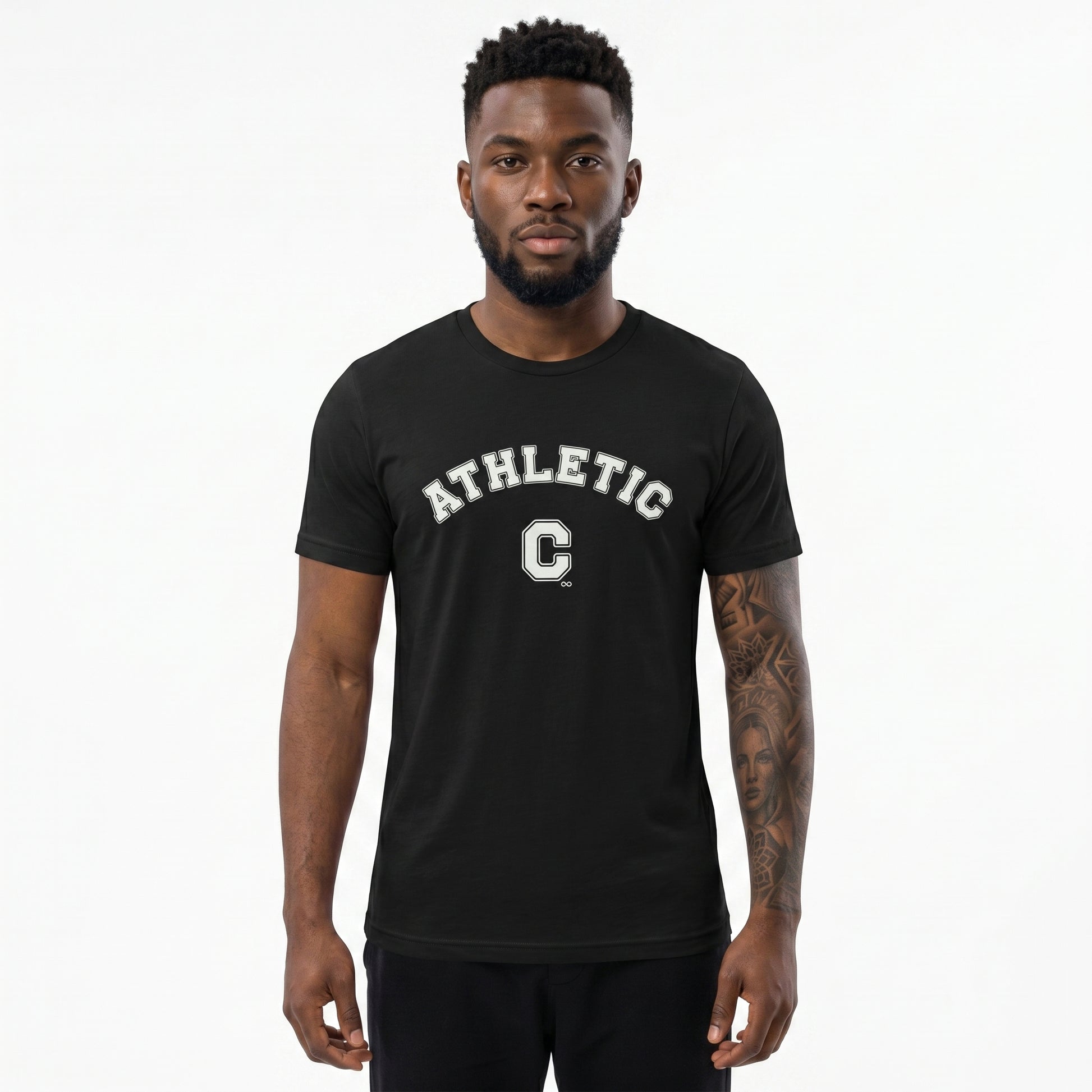 Front view of a black unisex eco-friendly t-shirt featuring a white vintage varsity-style 'Athletic C' graphic design.