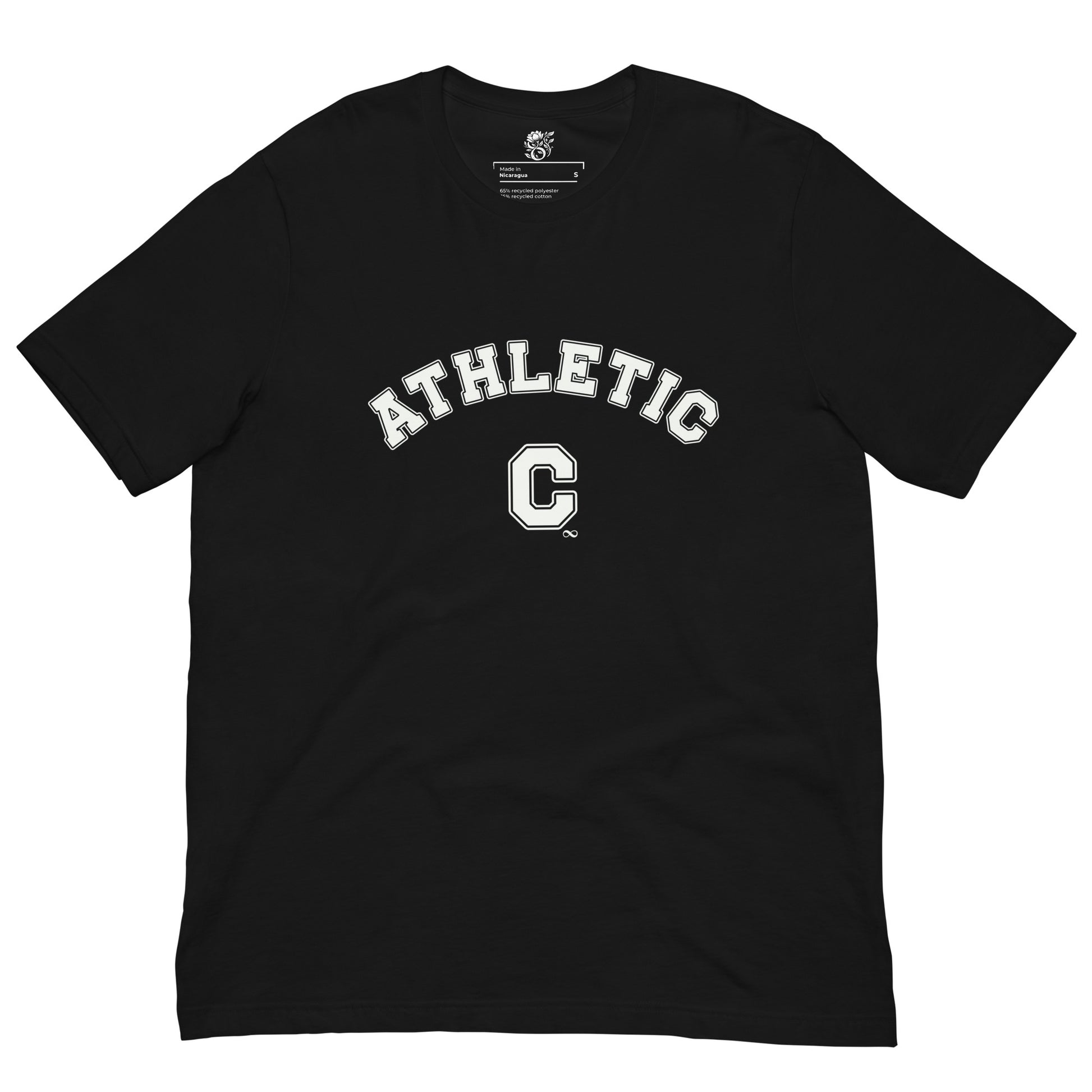 Front view of a black unisex eco-friendly t-shirt featuring a white vintage varsity-style 'Athletic C' graphic design.