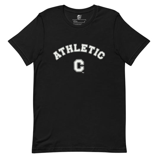 Front view of a black unisex eco-friendly t-shirt featuring a white vintage varsity-style 'Athletic C' graphic design.